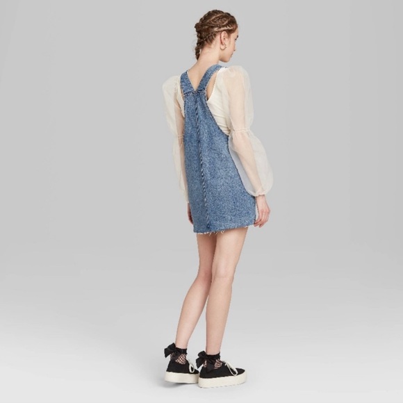 New Target Wild Fable Denim Jean Distressed Overall Mini Dress - Picture 5 of 8